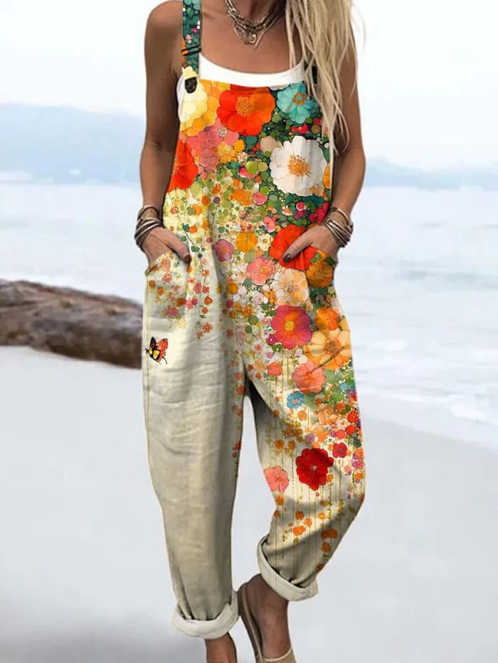 Floral Print Sleeveless Relaxed Fit Casual Jumpsuit