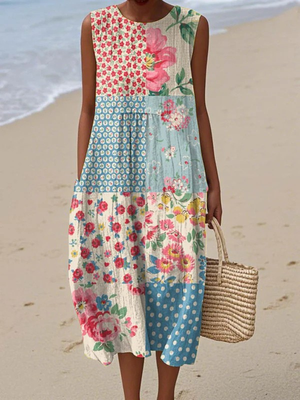Women's Patchwork Midi Dress Sleeveless