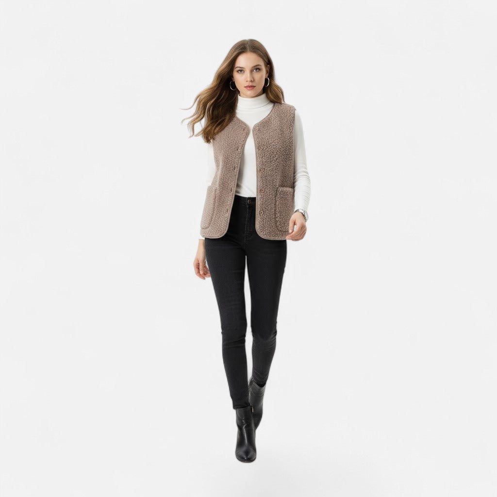 Women’s Teddy Fleece Cozy Sleeveless Button-Up Vest