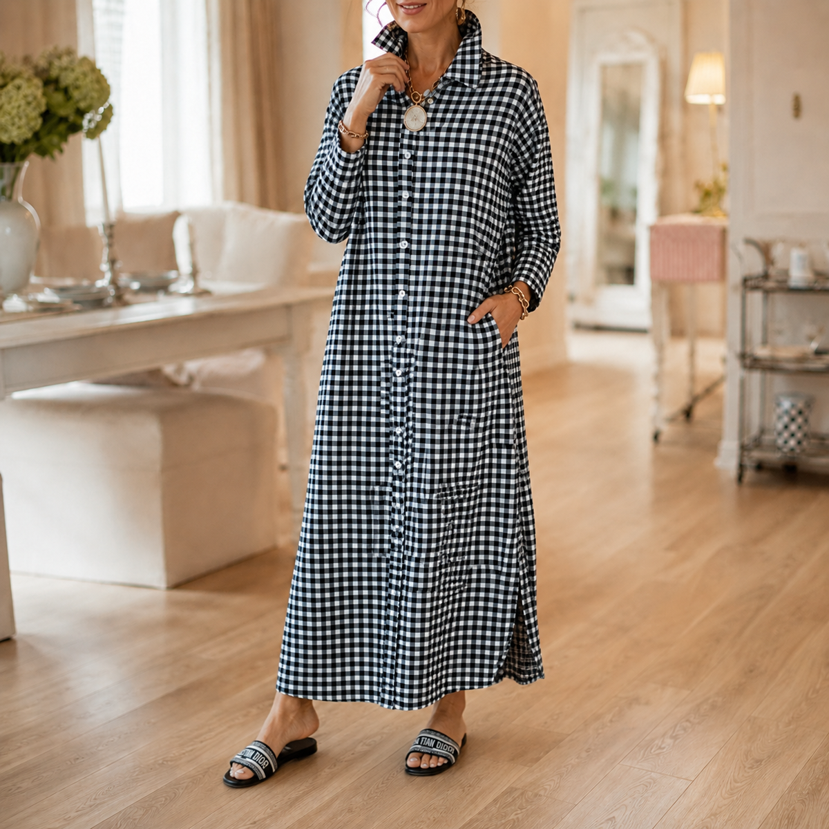 Women's Gingham Button-Front Maxi Dress