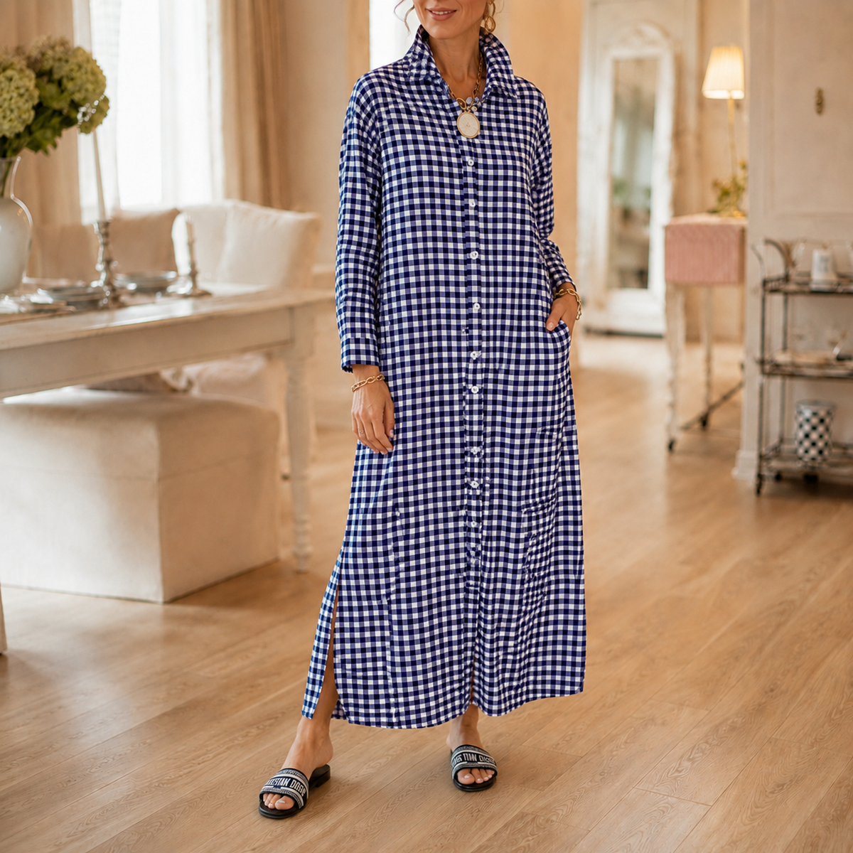 Women's Gingham Button-Front Maxi Dress