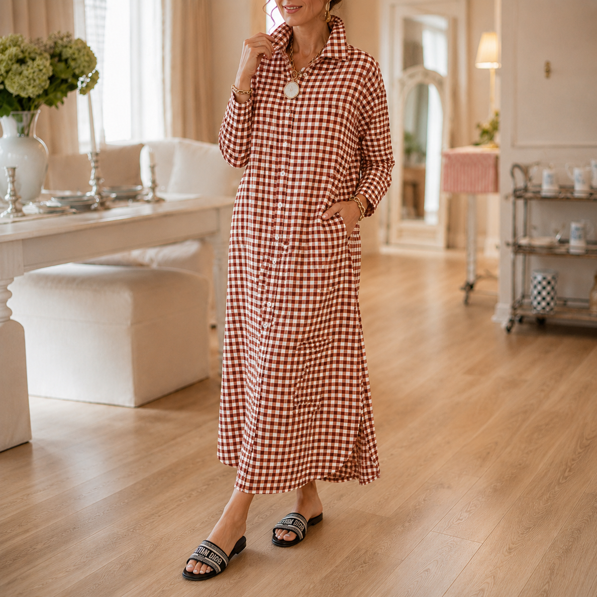 Women's Gingham Button-Front Maxi Dress