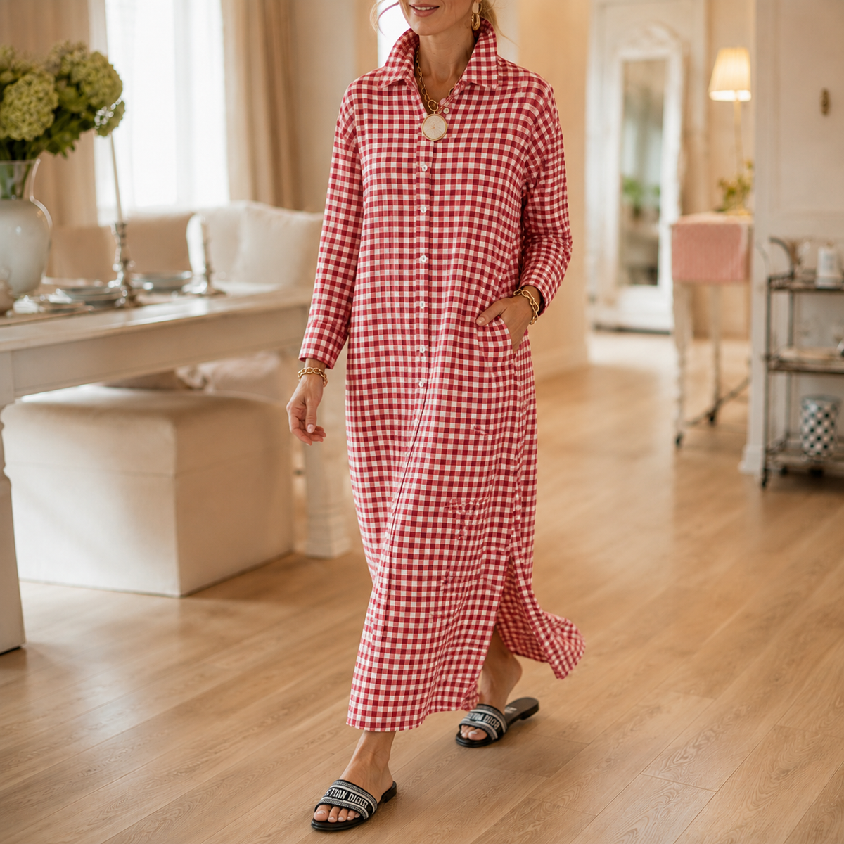 Women's Gingham Button-Front Maxi Dress
