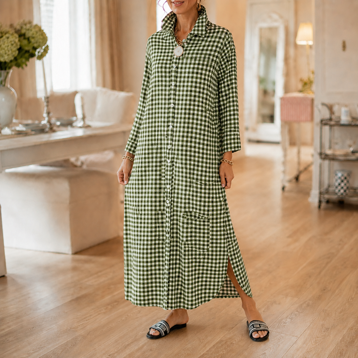 Women's Gingham Button-Front Maxi Dress