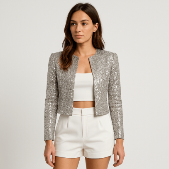 Women’s Sequin Cropped Blazer Jacket for Evening and Party Wear