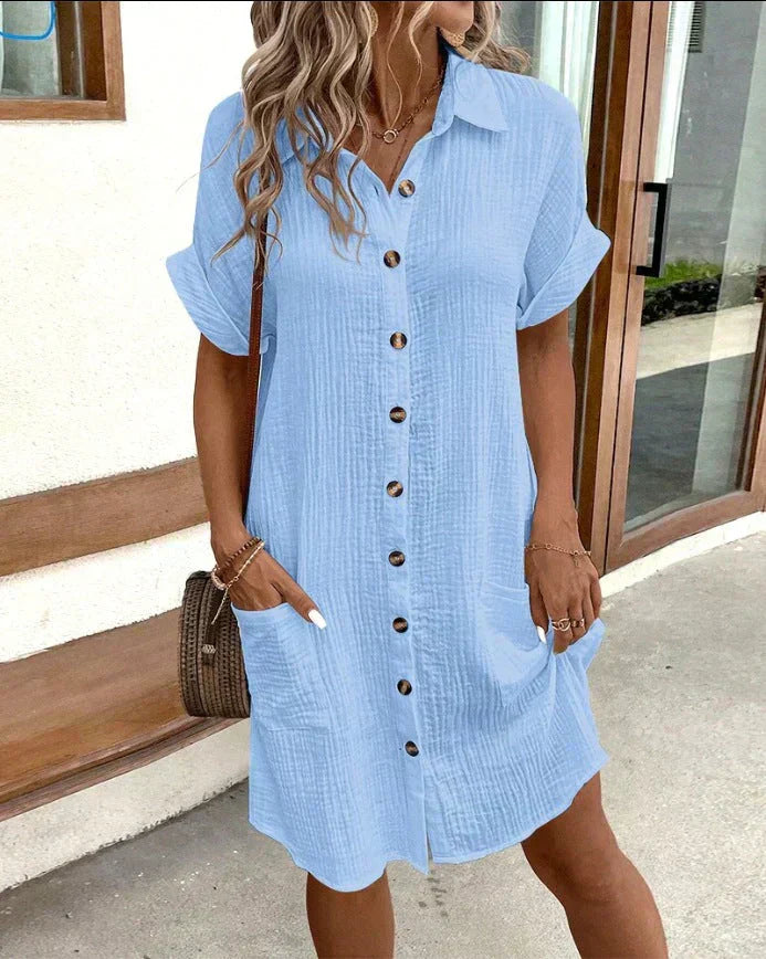 Women’s Casual Button-Front Shirt Dress with Pockets and Rolled Short Sleeves