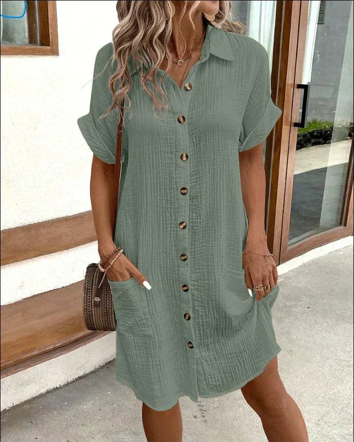 Women’s Casual Button-Front Shirt Dress with Pockets and Rolled Short Sleeves
