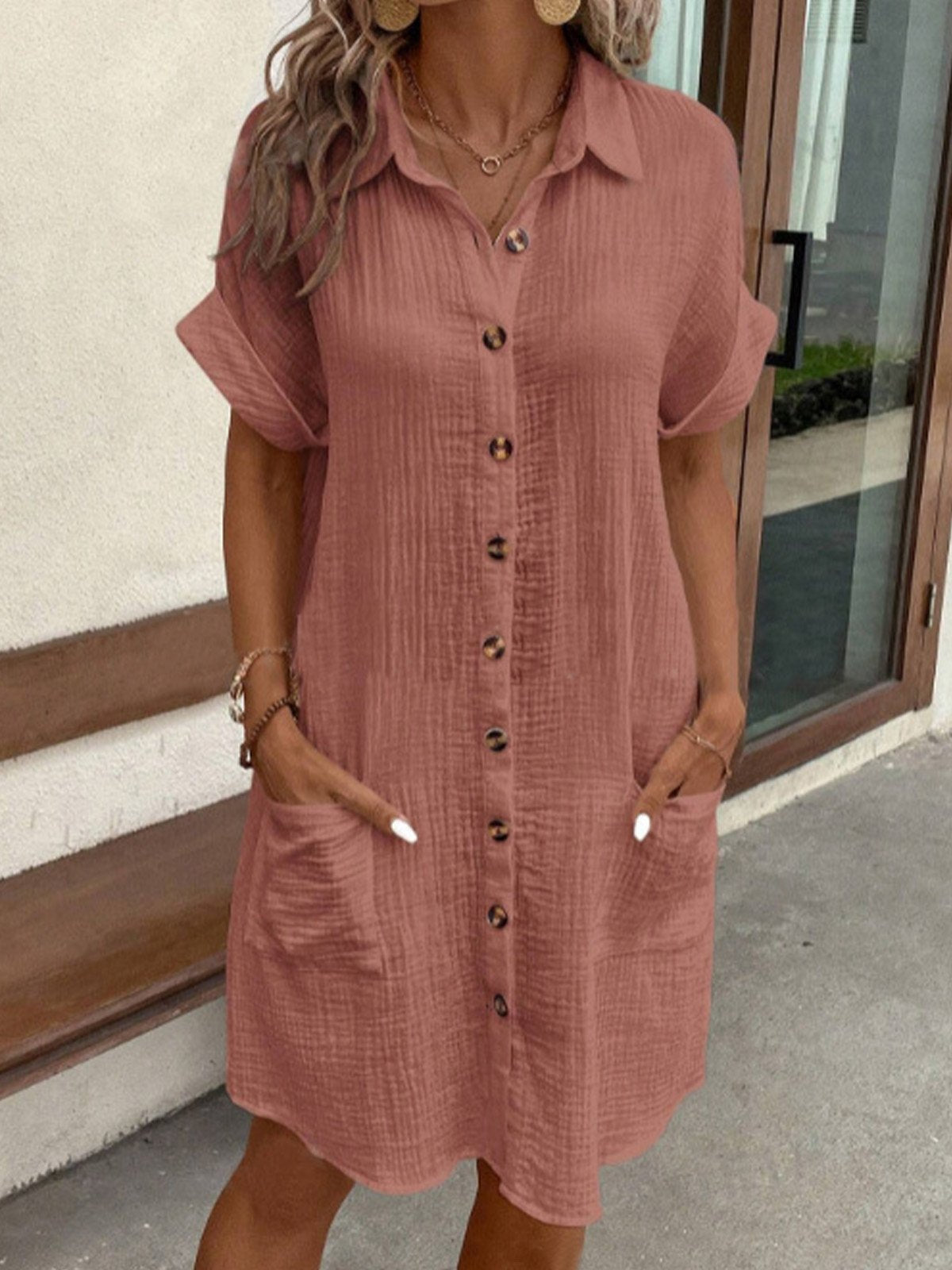 Women’s Casual Button-Front Shirt Dress with Pockets and Rolled Short Sleeves