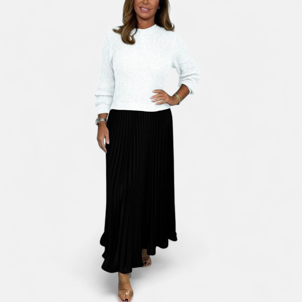 Women’s Long-Sleeve Pleated Knit Maxi Dress