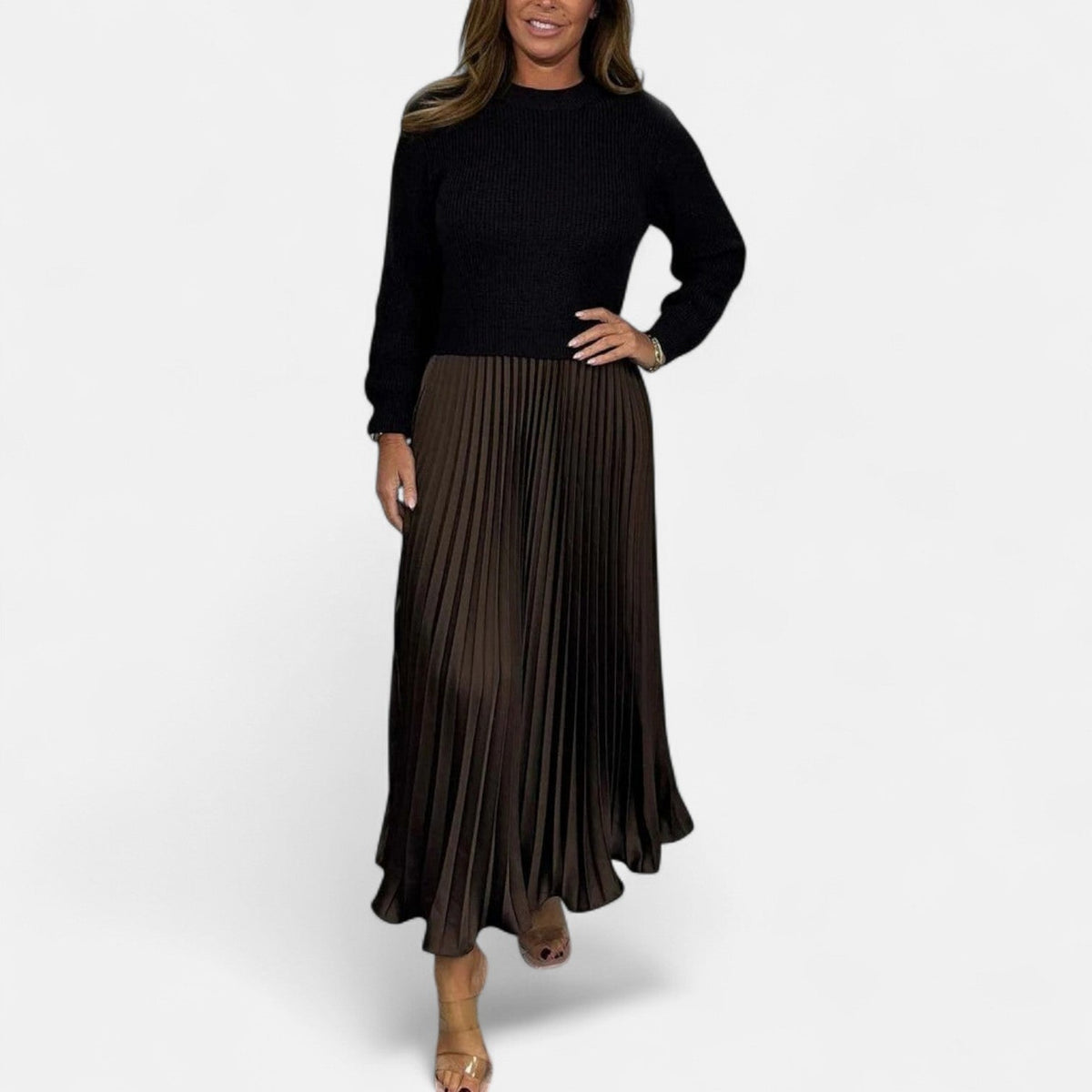 Women’s Long-Sleeve Pleated Knit Maxi Dress