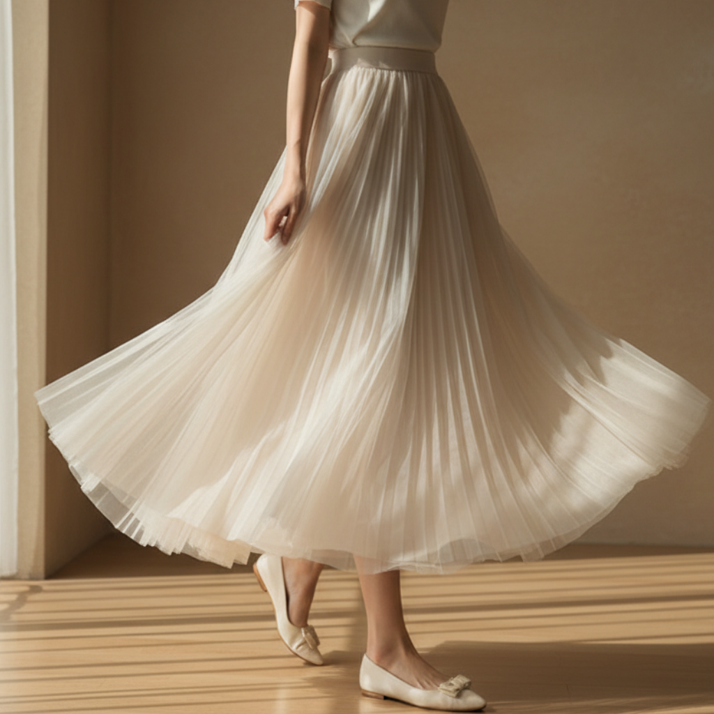 Women's High-Waisted Pleated Midi Skirt with Flowing Silhouette