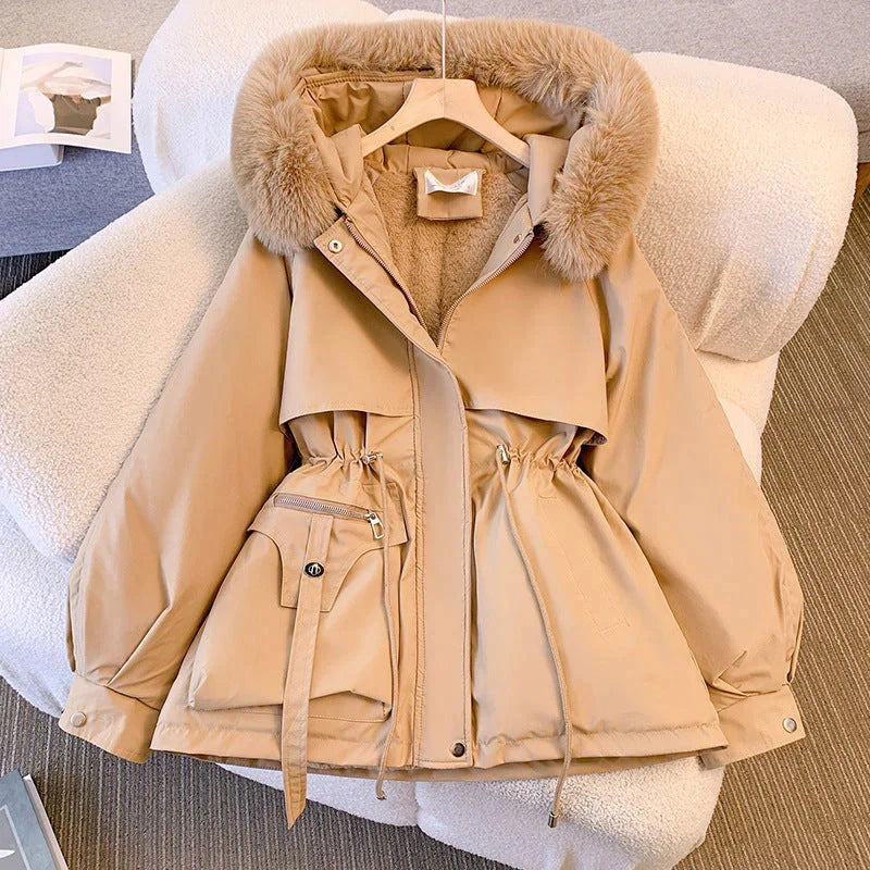 Women's Belted Puffer Winter Coat with Fur Collar