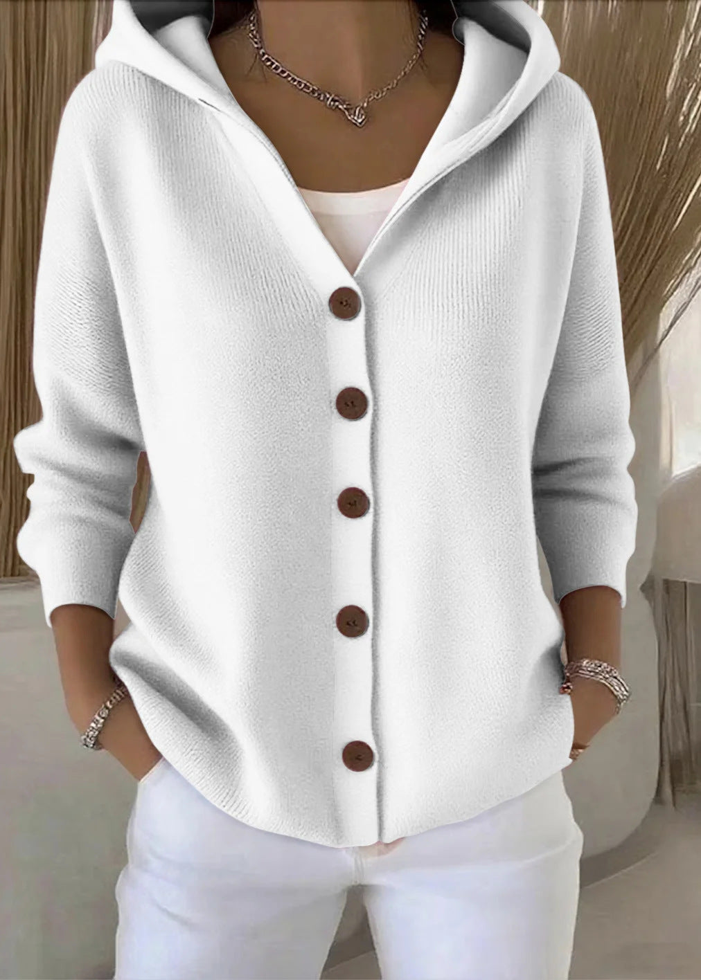 Women's Button-Up Hooded Knit Cardigan