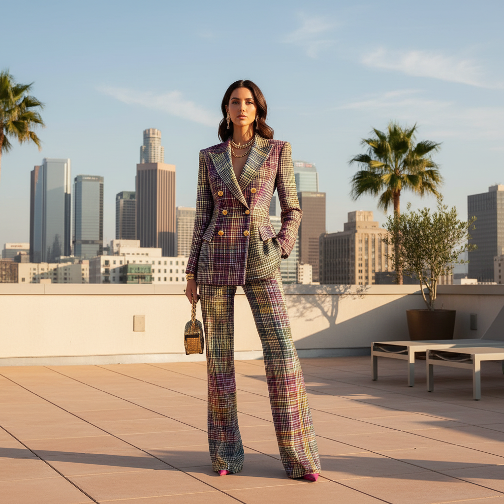 Women's Tweed Plaid Double Breasted Blazer Set