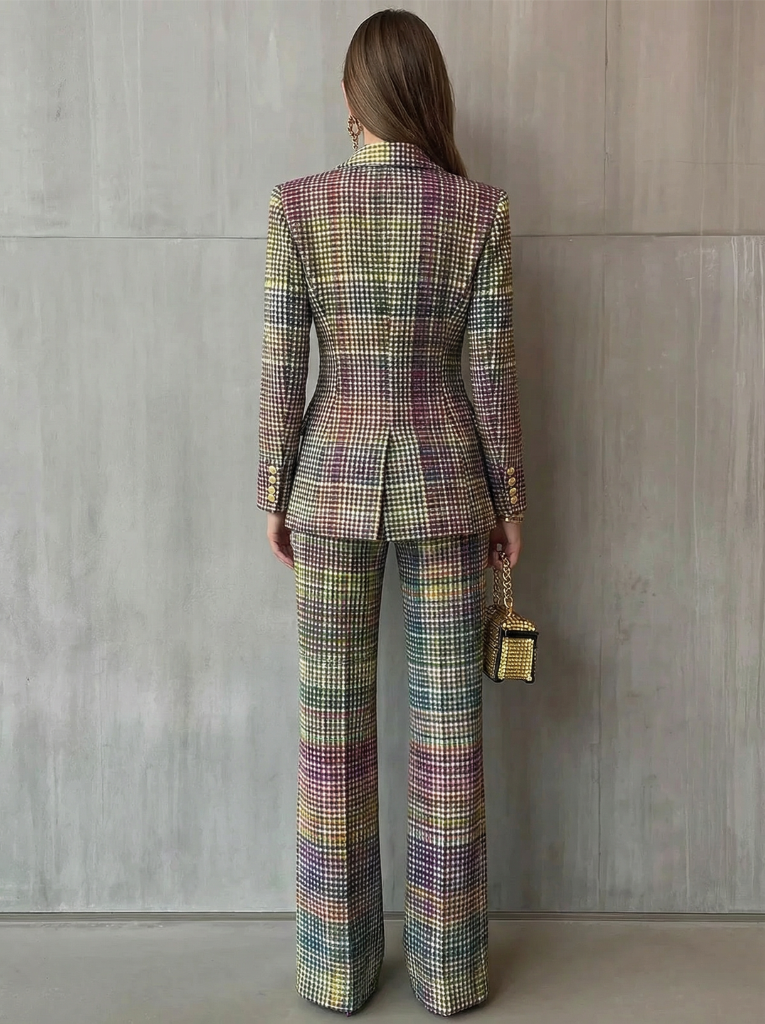 Women's Tweed Plaid Double Breasted Blazer Set