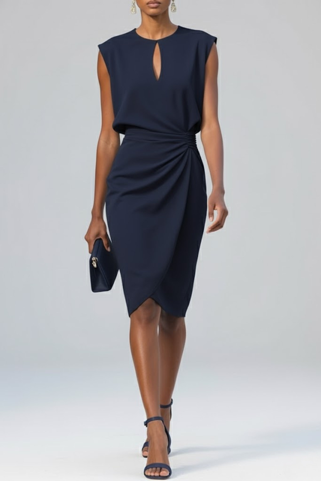 Women’s Sleeveless Ruched Midi Dress with Keyhole Neckline