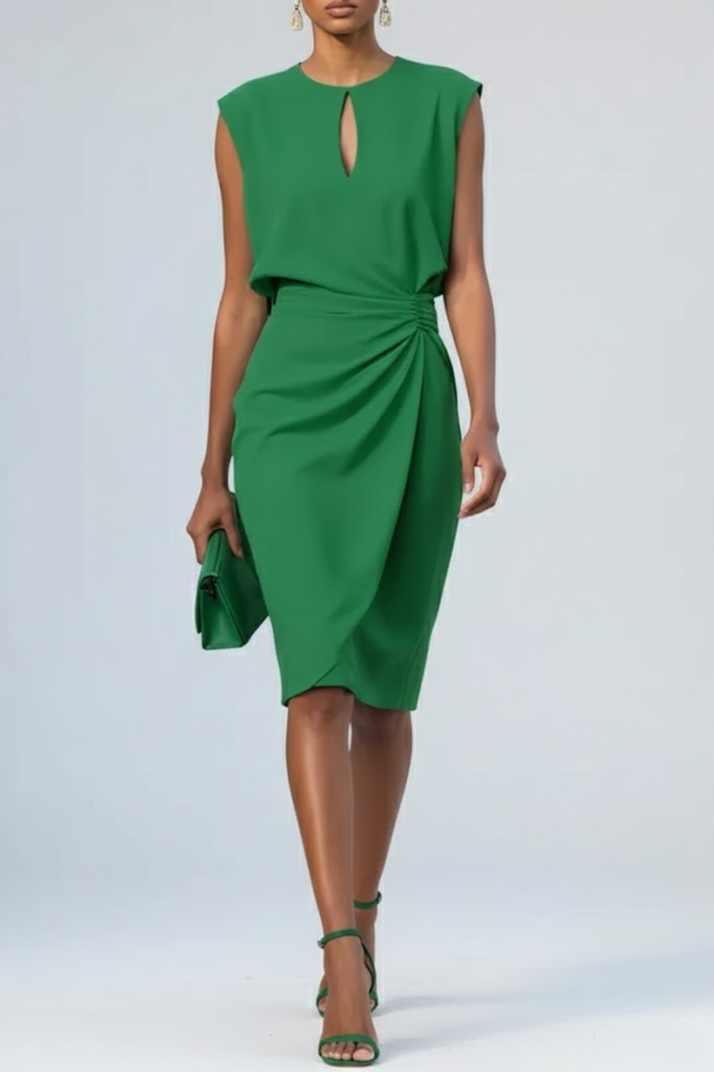Women’s Sleeveless Ruched Midi Dress with Keyhole Neckline
