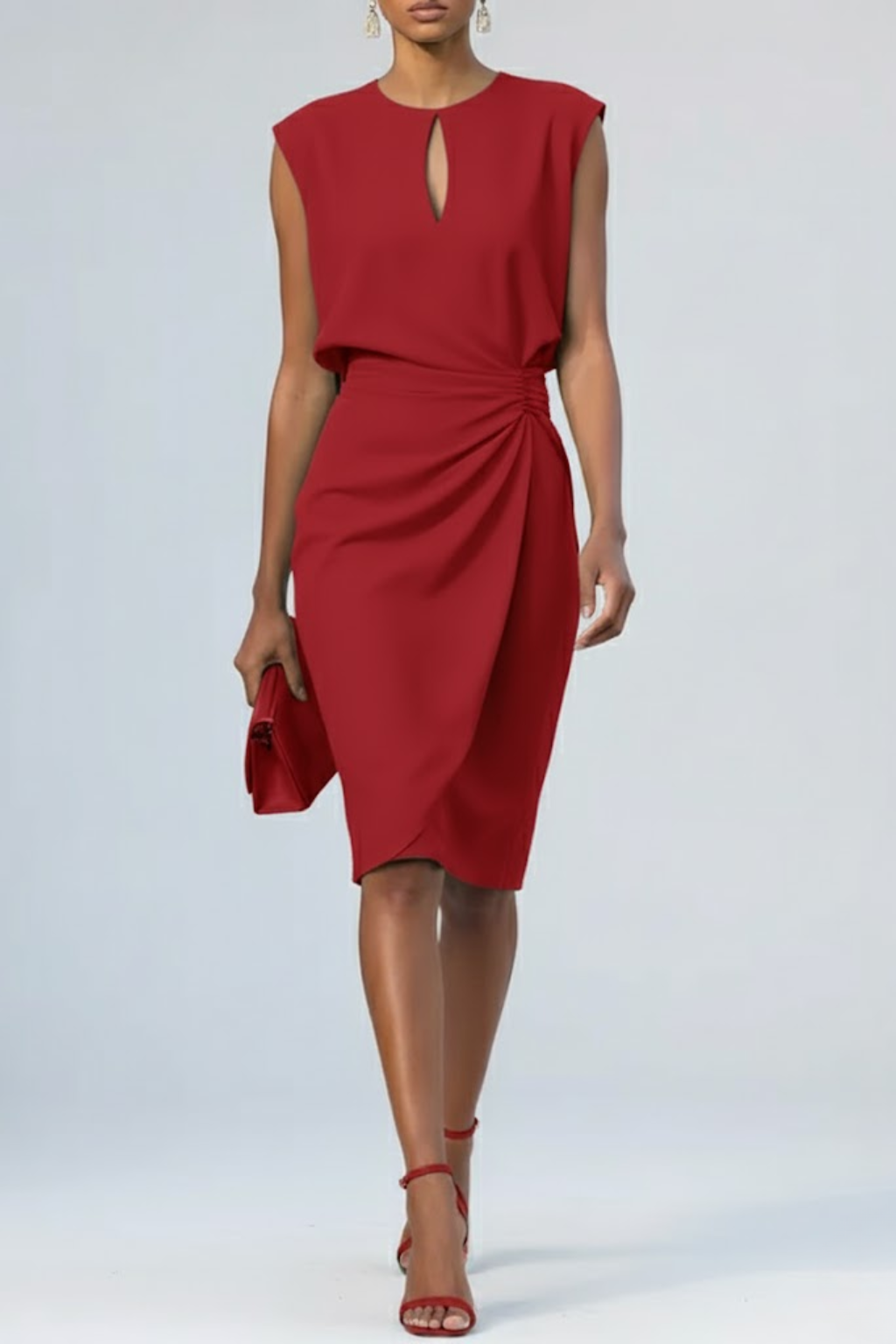 Women’s Sleeveless Ruched Midi Dress with Keyhole Neckline