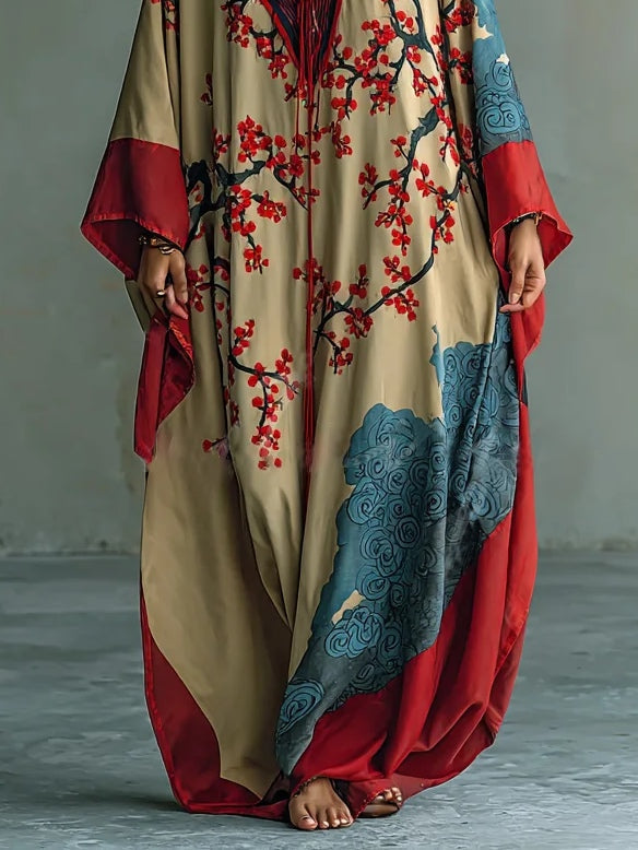 Women's Floral Japanese Plum Maxi Kaftan Dress