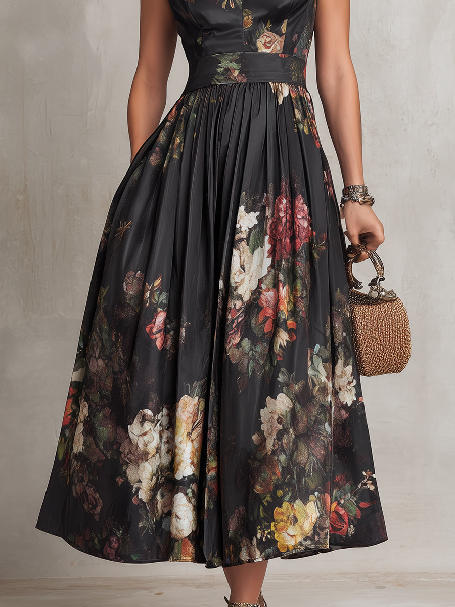 Women’s Floral Midi Dress with Flared Skirt