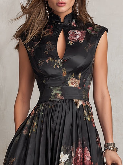 Women’s Floral Midi Dress with Flared Skirt