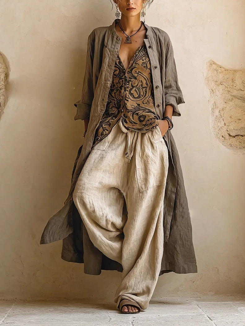 Women's Linen Three-Piece Set with Wide-Leg Pants