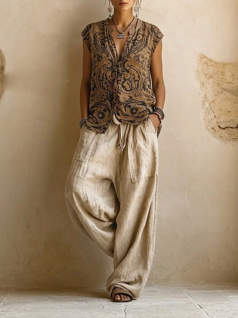 Women's Linen Three-Piece Set with Wide-Leg Pants
