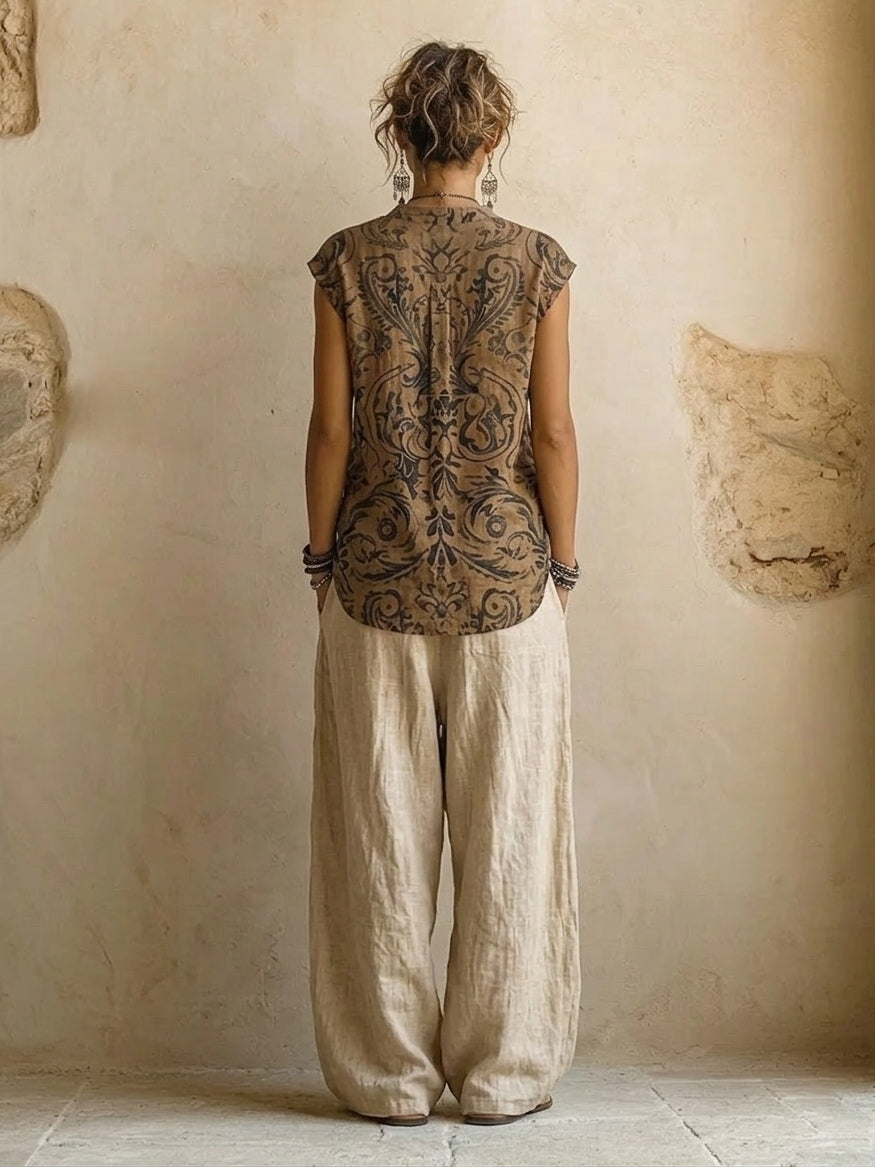 Women's Linen Three-Piece Set with Wide-Leg Pants