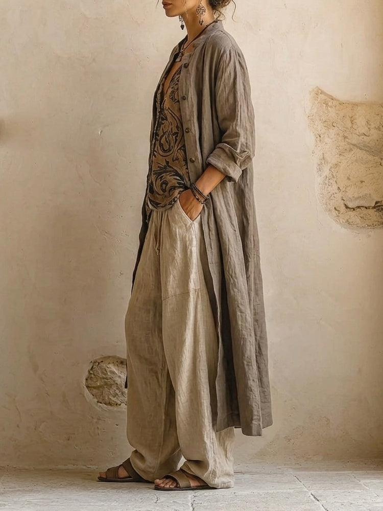 Women's Linen Three-Piece Set with Wide-Leg Pants