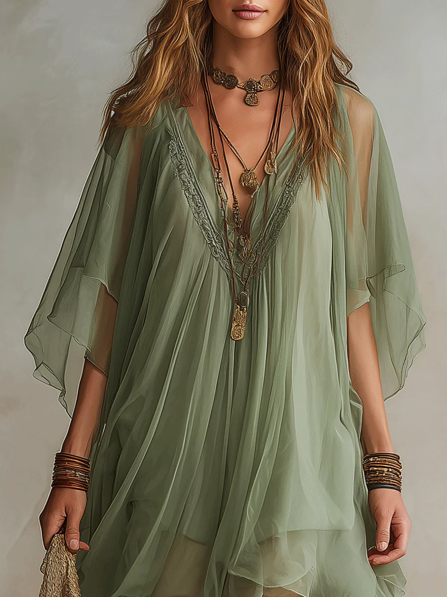 Women's Sheer Flowing Mini Dress with Bohemian Layered Design
