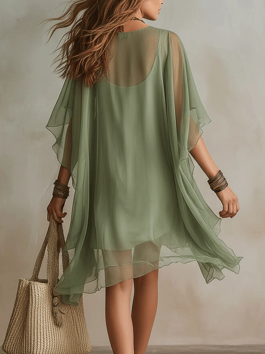 Women's Sheer Flowing Mini Dress with Bohemian Layered Design