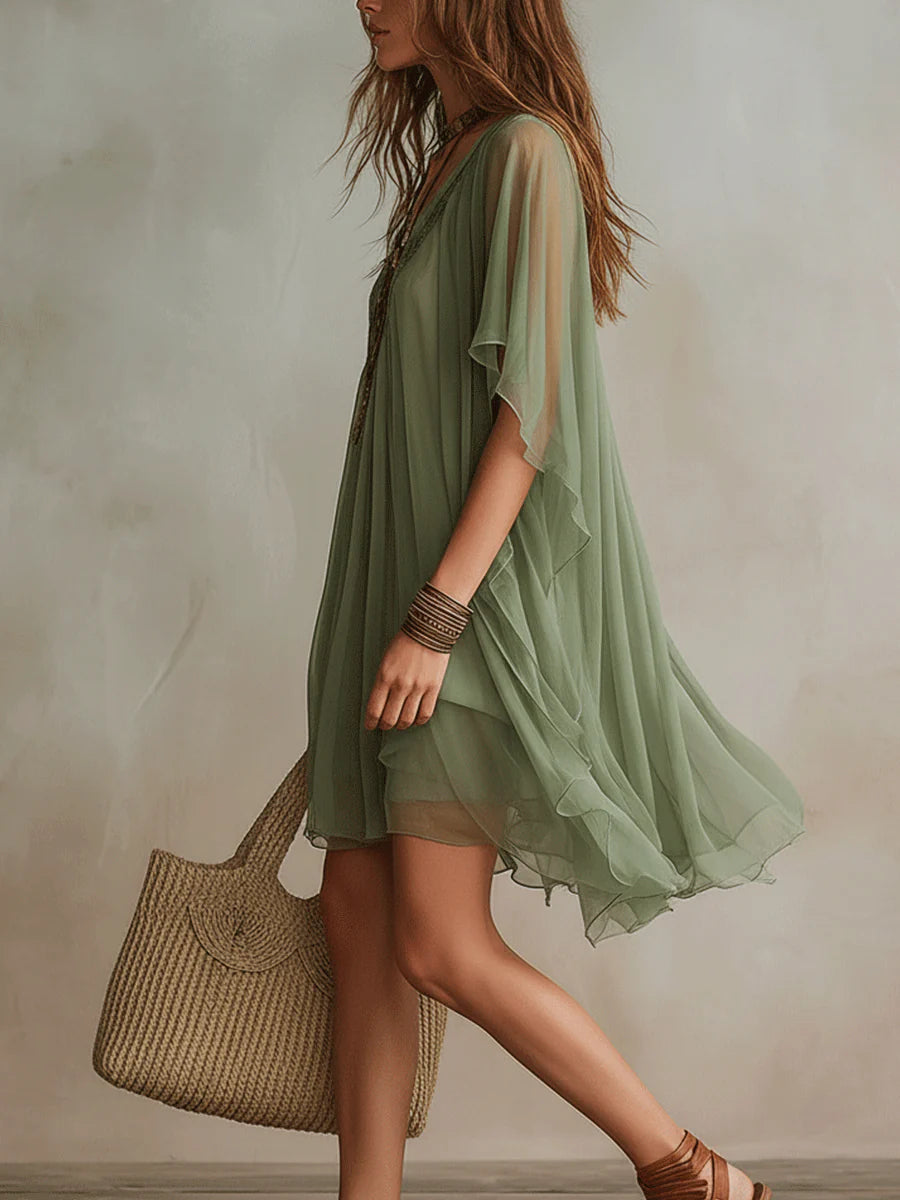 Women's Sheer Flowing Mini Dress with Bohemian Layered Design