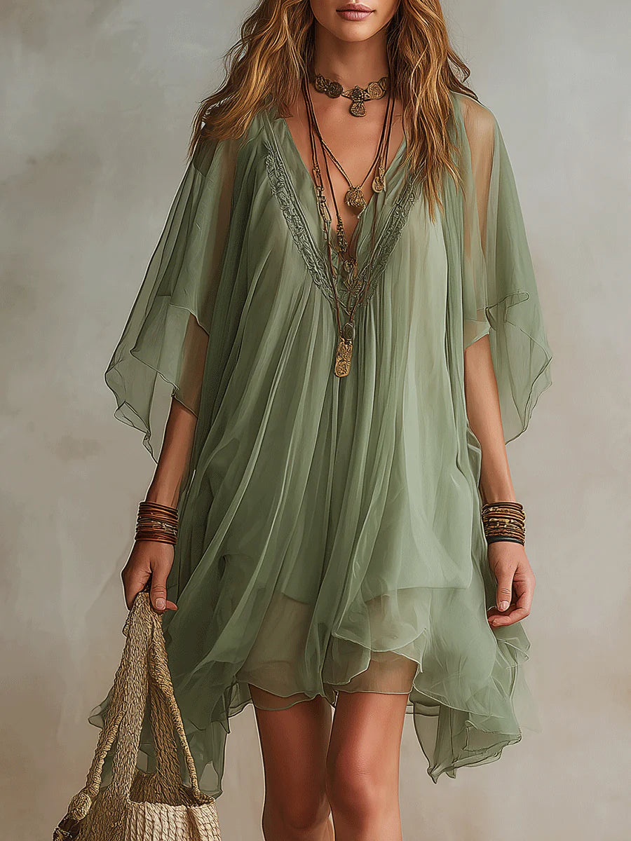 Women's Sheer Flowing Mini Dress with Bohemian Layered Design