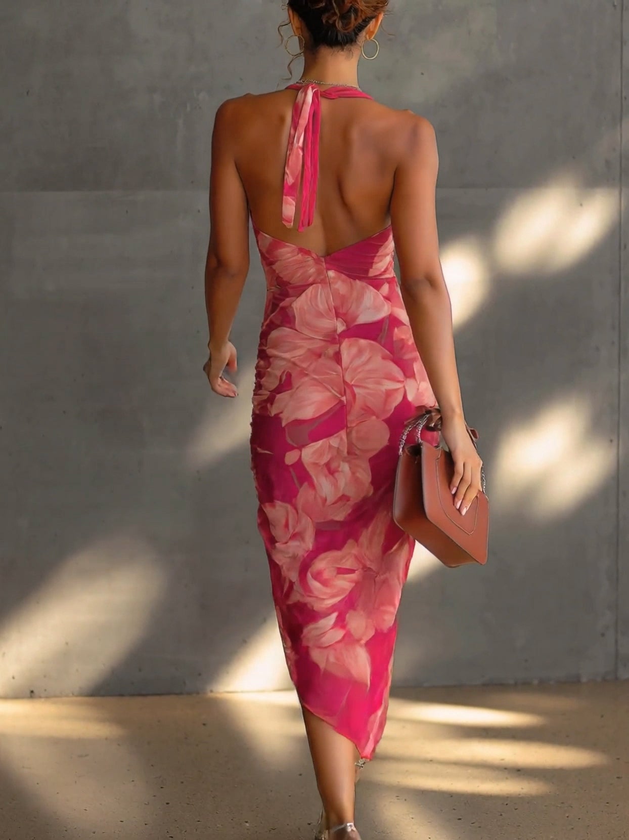 Women's Floral Ruched Midi Dress with Cowl Neck Design