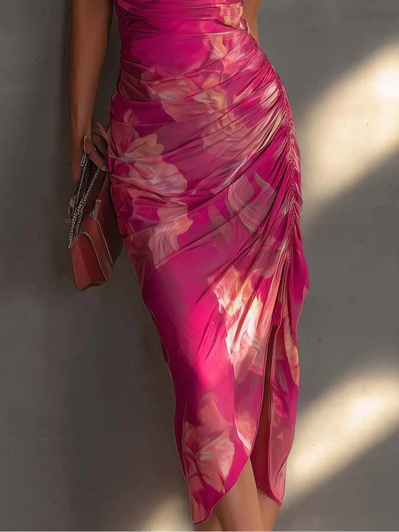 Women's Floral Ruched Midi Dress with Cowl Neck Design