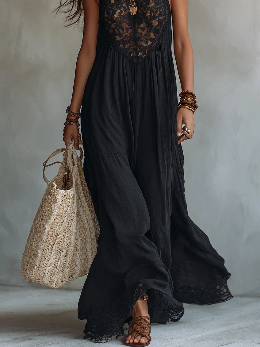 Women’s Black Lace Maxi Dress with Flowing Silhouette