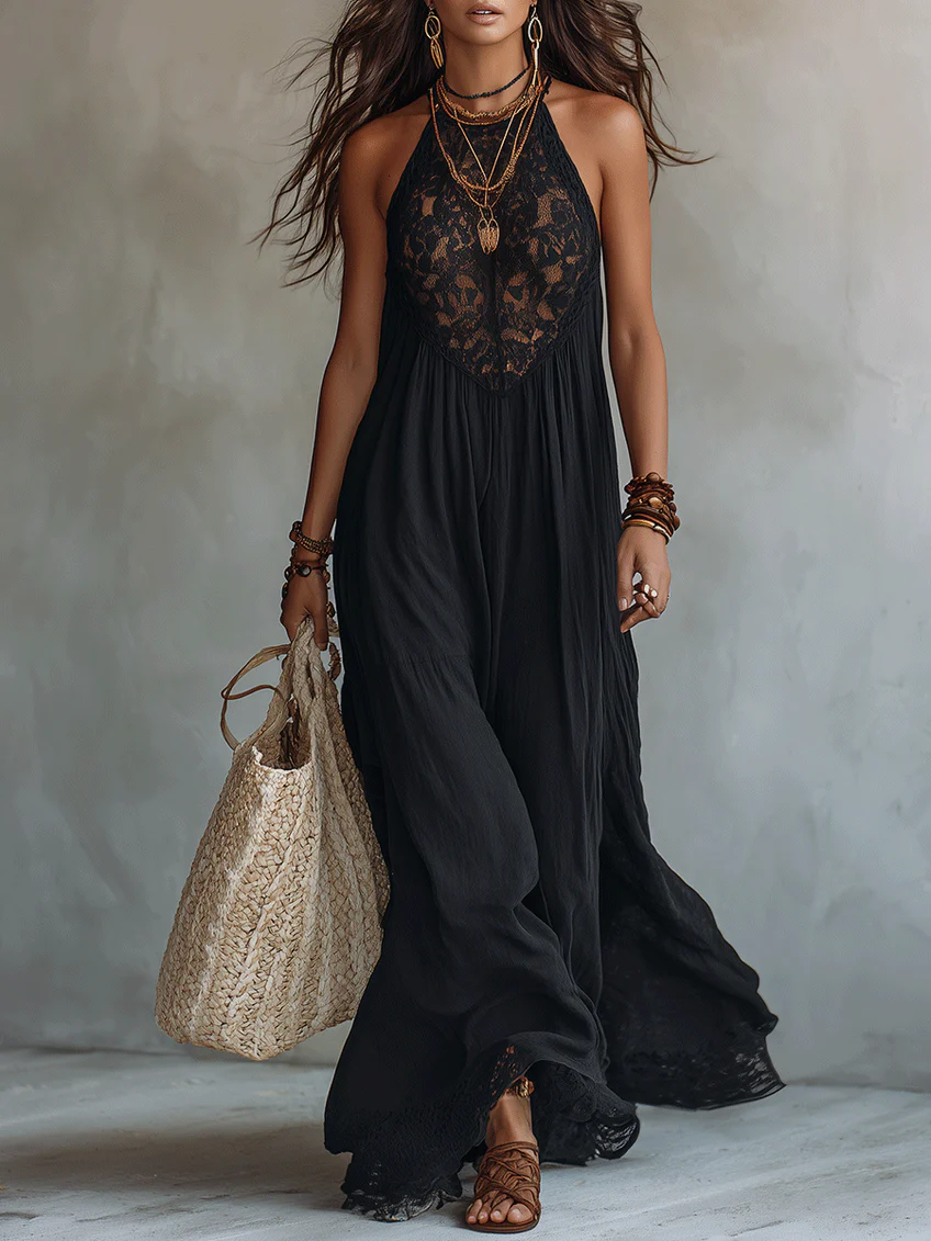 Women’s Black Lace Maxi Dress with Flowing Silhouette