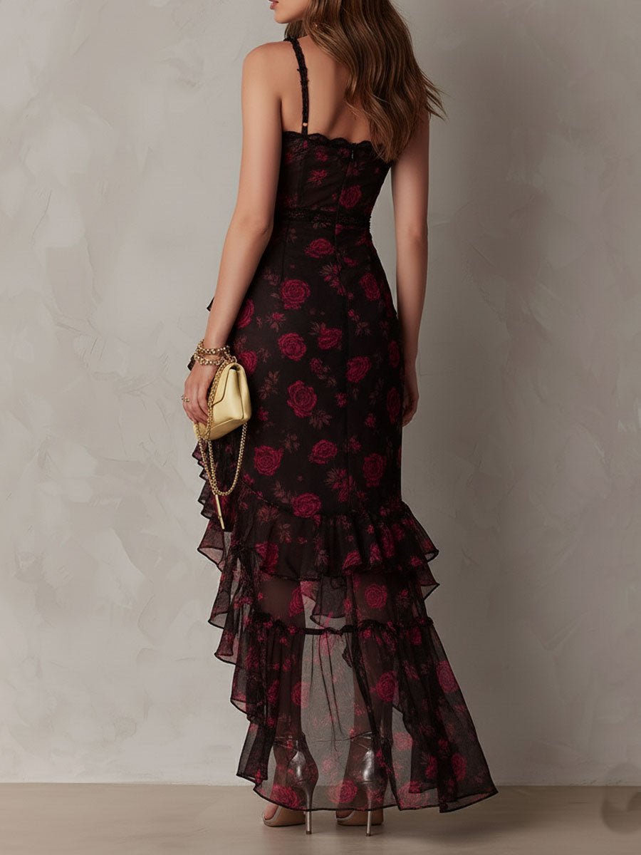 Women's Floral Lace High Slit Maxi Dress