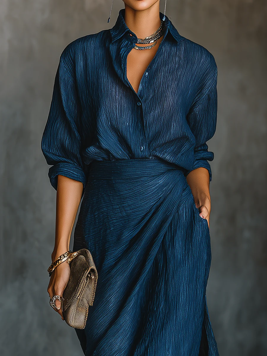 Women’s Elegant Two-Piece Blouse and Maxi Skirt Set with Draped Design