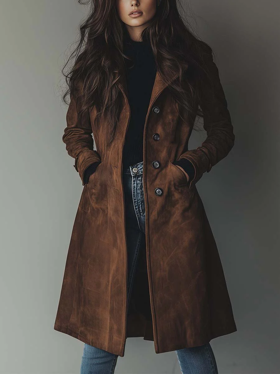 Women's Faux Suede Long Trench Coat