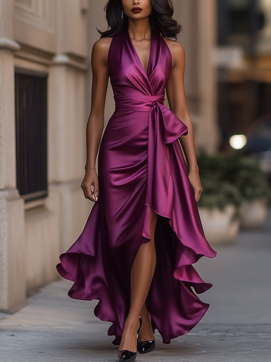 Women’s Satin Halter Maxi Dress with Dramatic Ruffle Hem