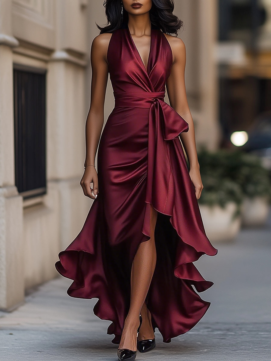 Women’s Satin Halter Maxi Dress with Dramatic Ruffle Hem