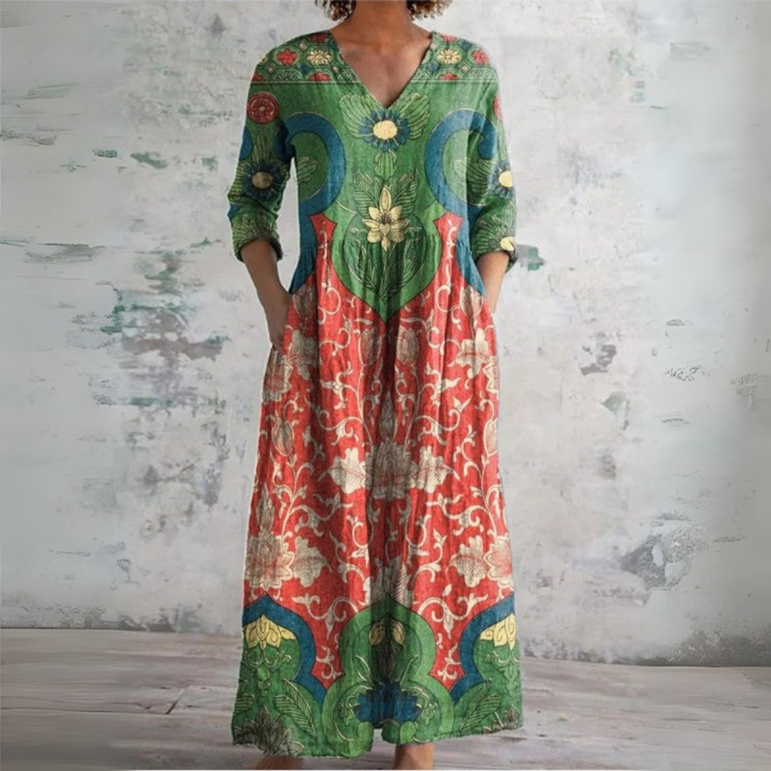 Women's Green Ethnic Floral V-Neck Boho Maxi Dress