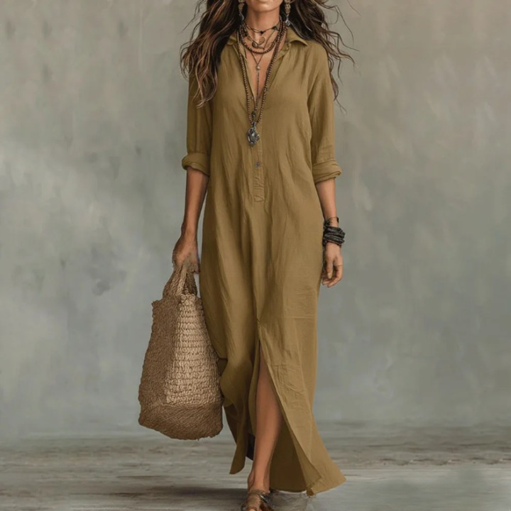 Women's Maxi Shirt Dress with Turn-Down Collar