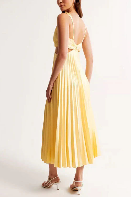 Women’s Pleated V Neck Evening Party Sleeveless Maxi Dress