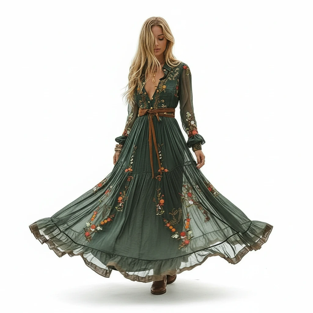 Women’s Vintage-Inspired Floral Embroidered Bohemian Maxi Dress