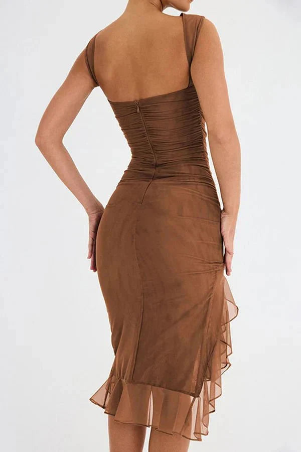 Women’s Sleeveless Ruched Asymmetrical Ruffle Hem Midi Dress