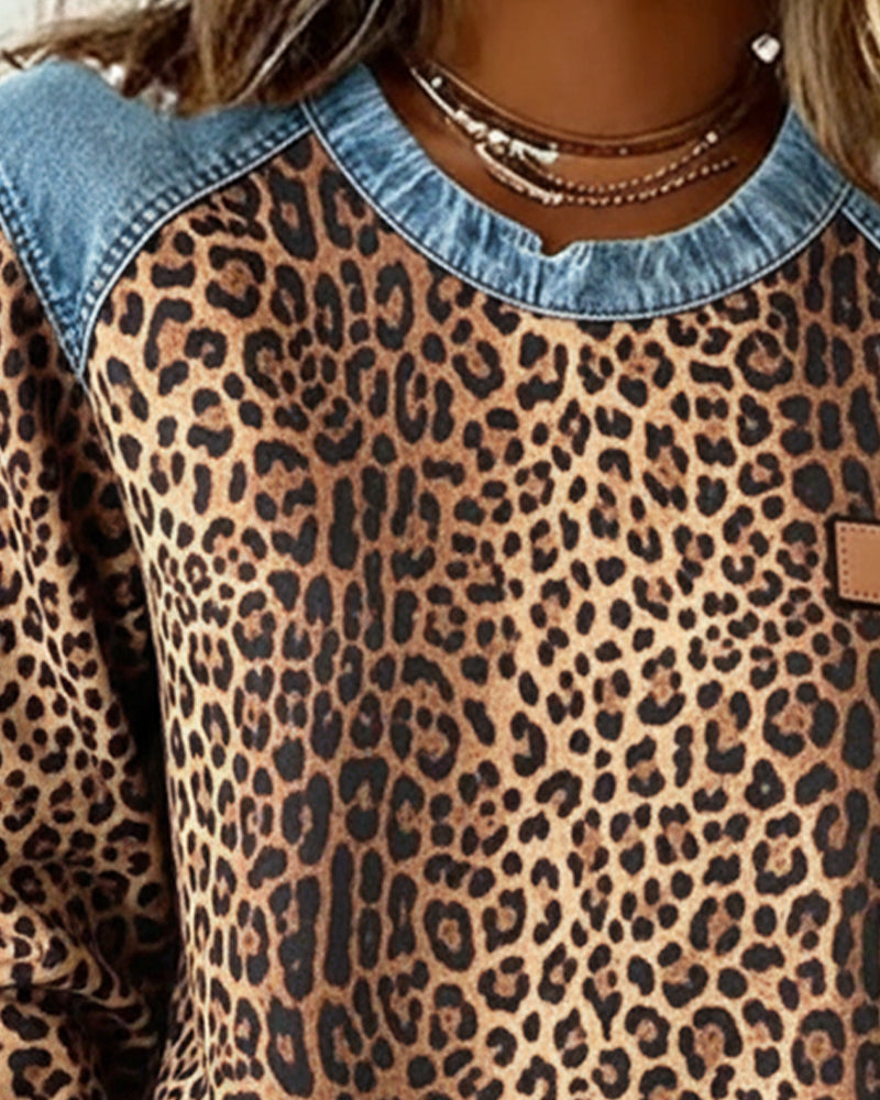 Women's Leopard Print Denim Patchwork Sweatshirt