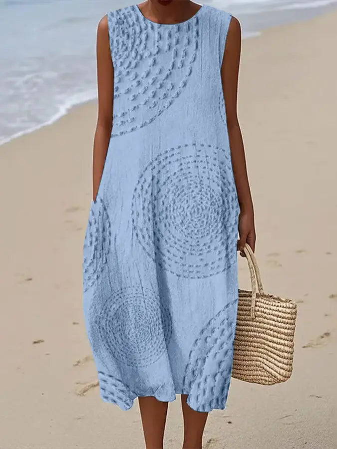Women's Embroidered Textured Midi Dress with Artistic Pattern