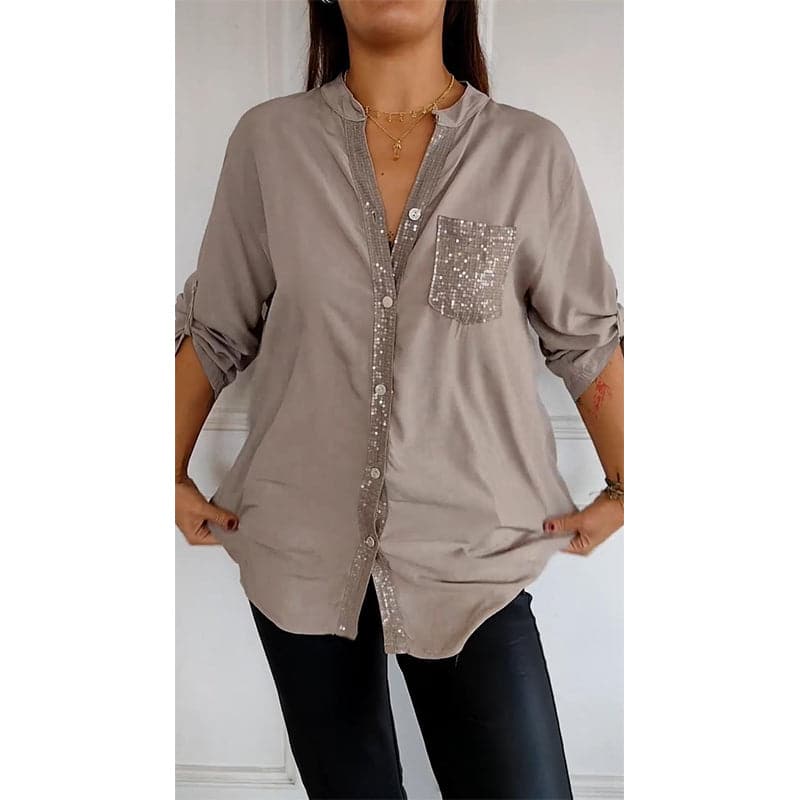 Women's Sequin Pocket Button-Up Blouse